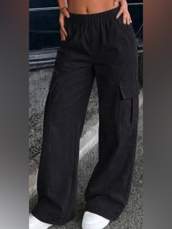 SHEIN Pants - Shein Black Wide-Leg Cargo Pants with Elastic Waist